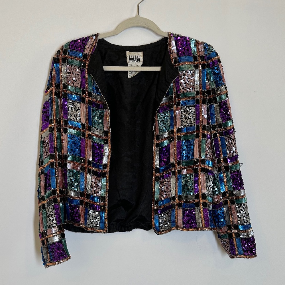 Leslie Fay Evenings Vintage 80s Silk & Sequin Jeweltone Art Deco Cardigan Jacket